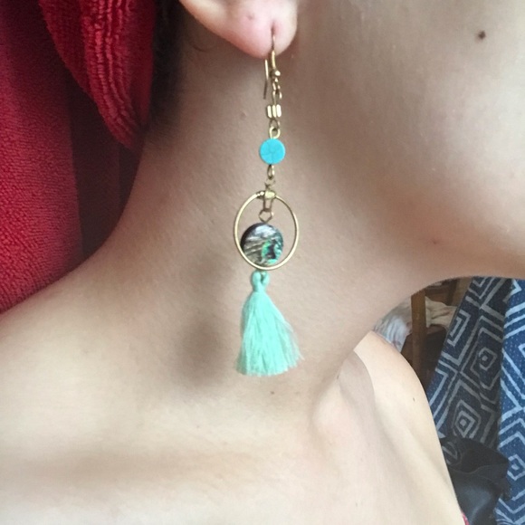 Gold Turquoise Tassel Earrings - Picture 2 of 2